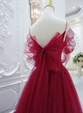 Red Off Shoulder Tulle A-line Formal Dress, Red Tulle Long Evening Dress Prom Dress