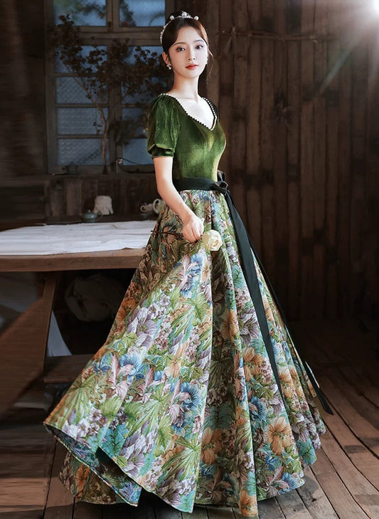 Chic Velvet Floral Short Sleeves Long Prom Dress, Green Sweetheart Party Dress