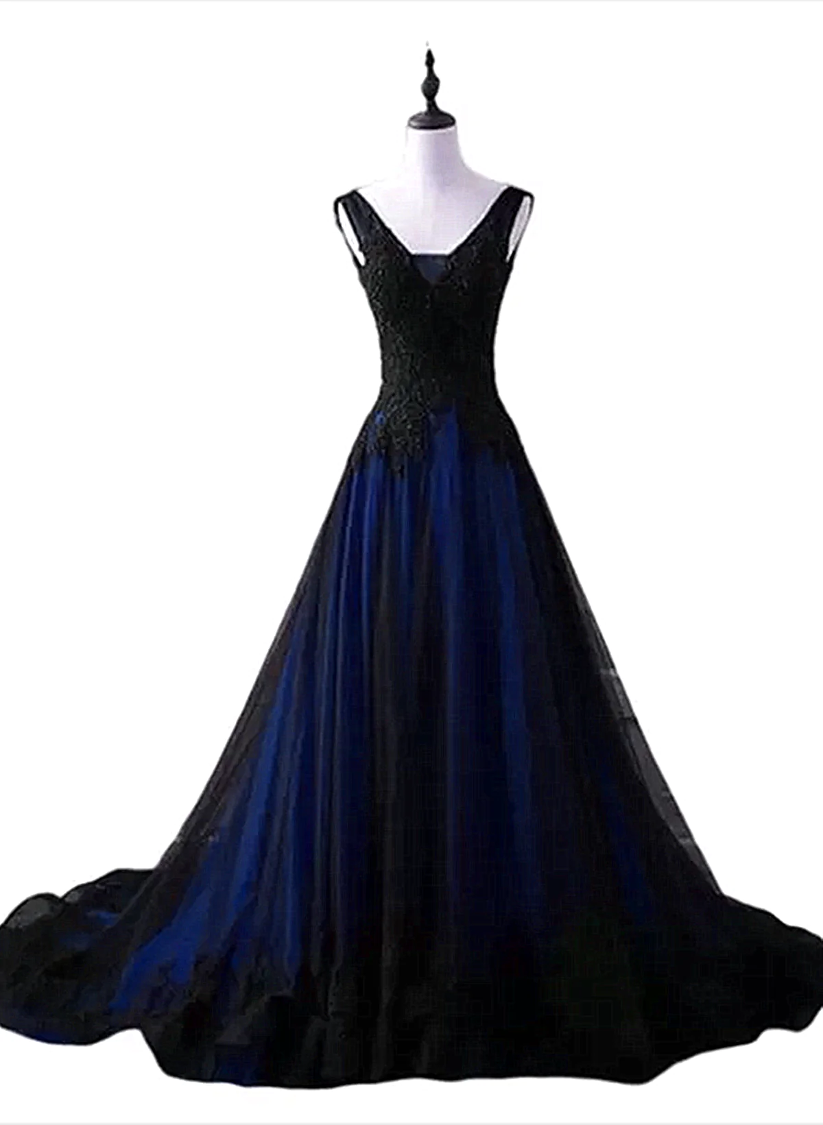 Black and Blue Lace V-neckline Long Party Dress, A-line Tulle Evening Dress Party Dress