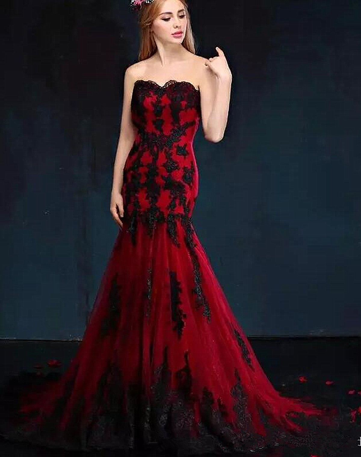 Mermaid Sweetheart With Black Lace Wine Red Party Dress, Wine Red Long Prom Dress