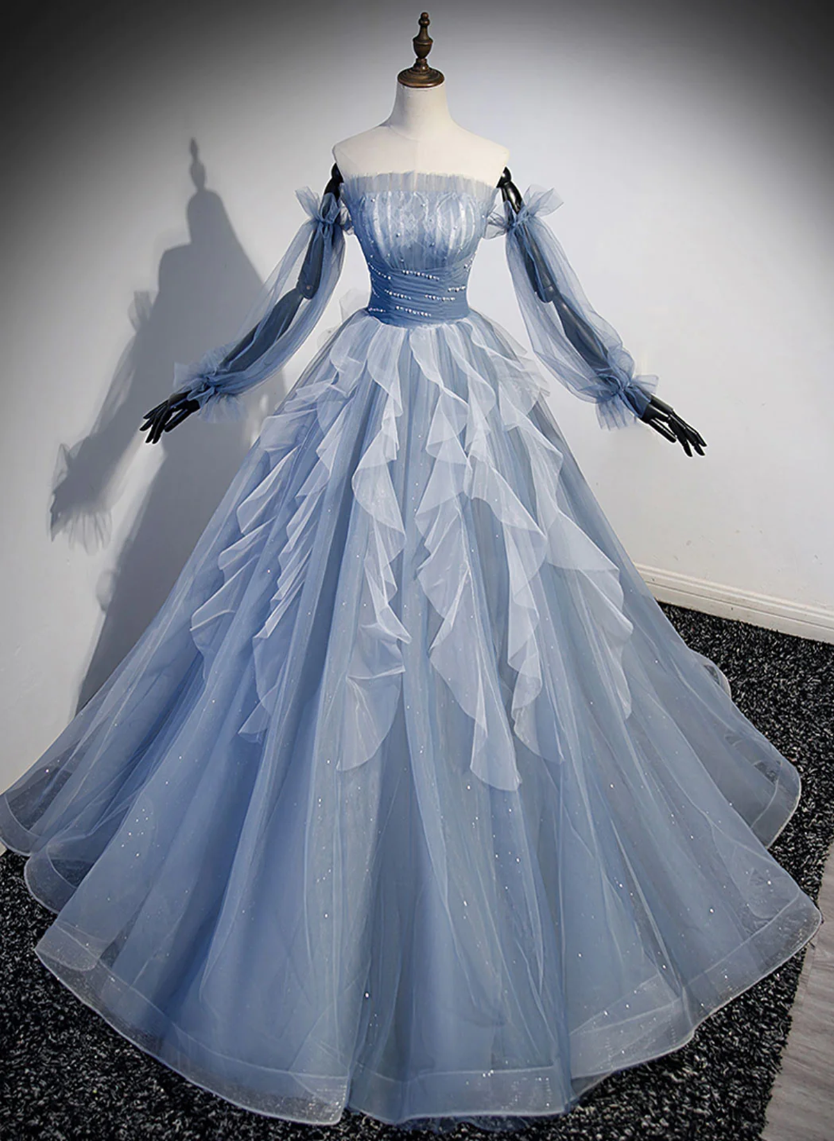 Blue Ball Gown Long Sleeves Beaded Party Dress, Blue Prom Dress Sweet 16 Dress