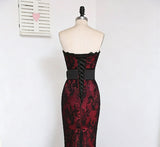 Black and Red Satin with Lace Mermaid Prom Dress, Vintage Style Long Party Dress