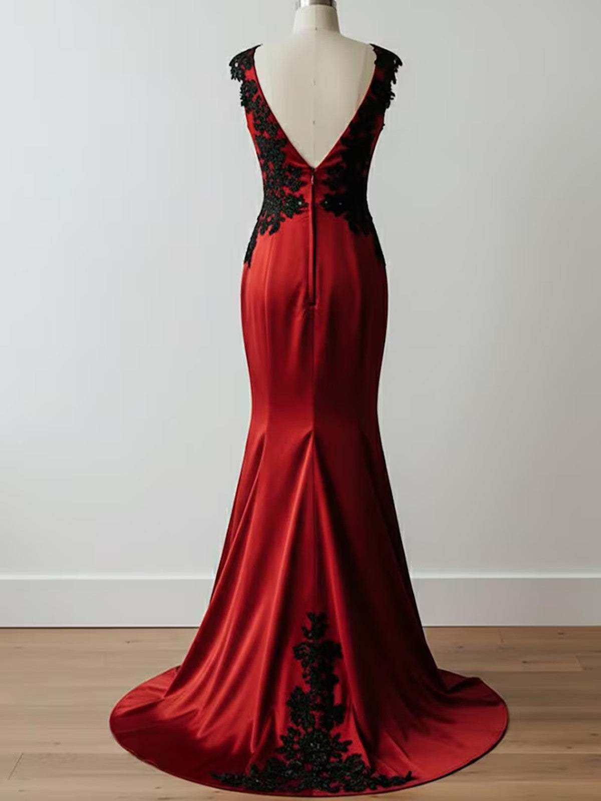 Wine Red Satin V-neckline Low Back Party Dress with Lace, Wine Red Wedding Party Dress