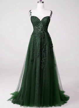 Green A-line Tulle with Lace Applique Long Party Dress, Green Floor Length Prom Dress