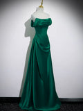 Green Satin A-line Floor Length Straps Party Dress, Green Satin Long Prom Dress