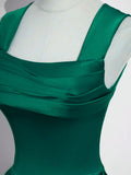 Green Satin A-line Floor Length Straps Party Dress, Green Satin Long Prom Dress
