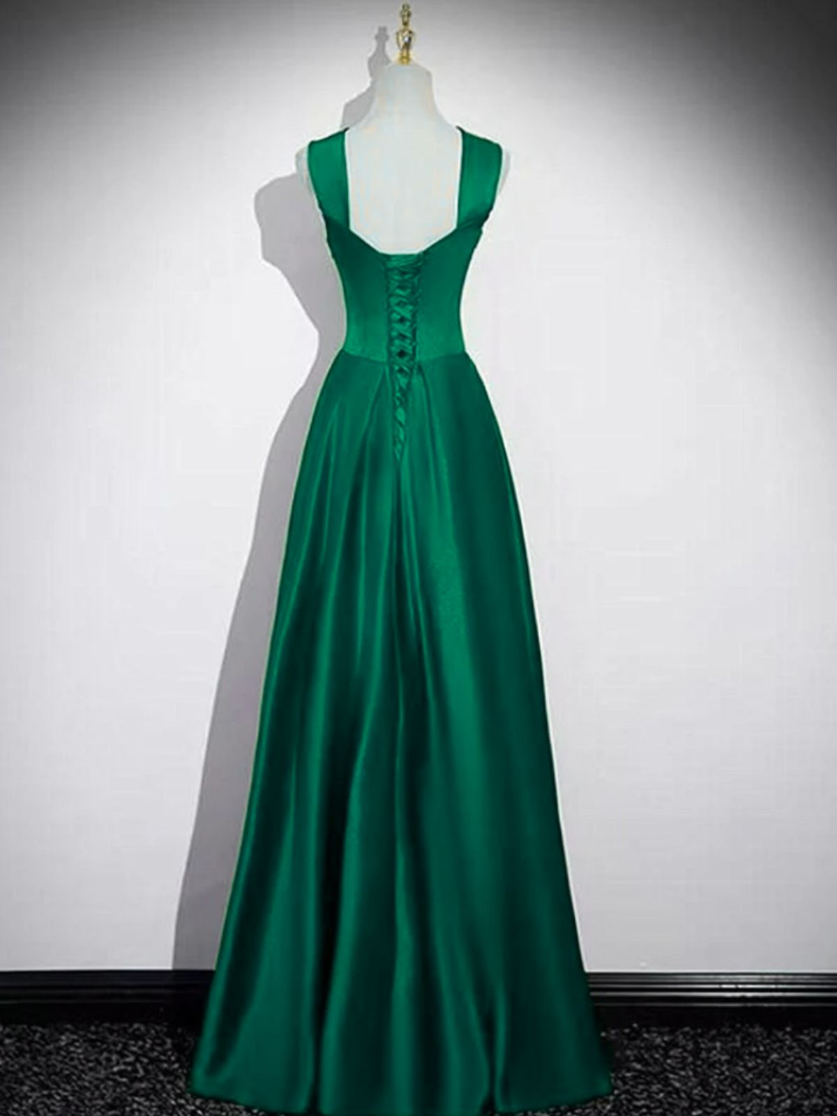 Green Satin A-line Floor Length Straps Party Dress, Green Satin Long Prom Dress
