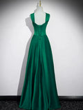 Green Satin A-line Floor Length Straps Party Dress, Green Satin Long Prom Dress