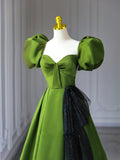 Green A-line Satin Sweetheart Short Sleeves Party Dress, Green Long Prom Dress