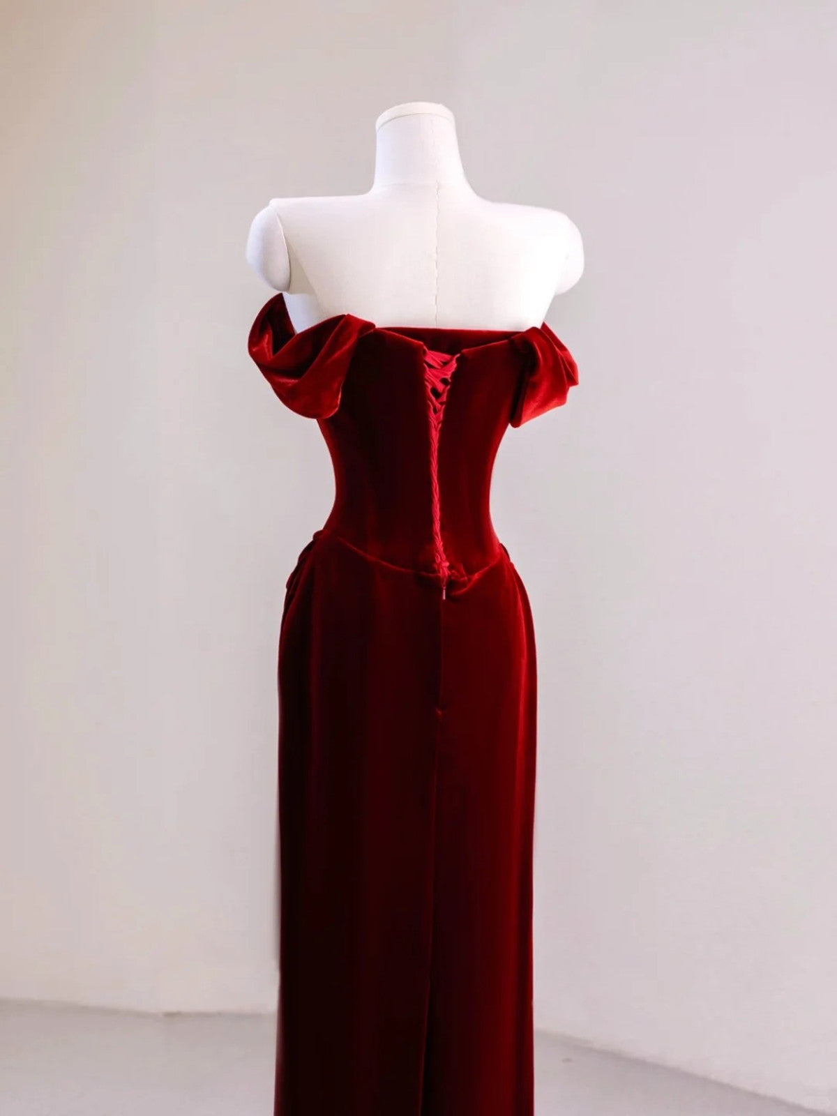 Charming Wine Red Mermaid Off Shoulder Velvet Formal Dress, Wine Red Long Prom Dress