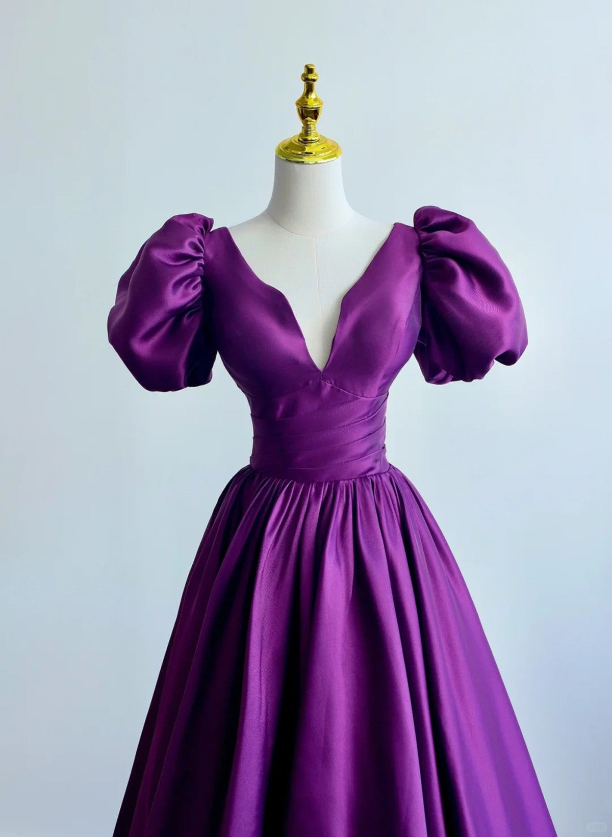 Purple Satin A-line Short Sleeves Long Formal Dress, Purple  Prom Dress