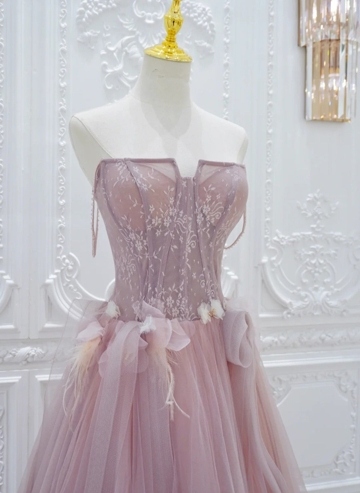 Pink Tulle with Lace Strapless A-line Prom Dress, Pink Tulle Party Dress