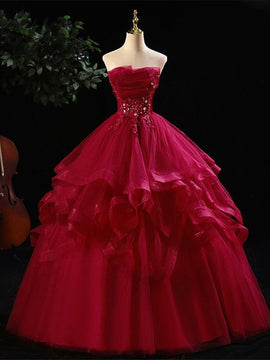 Wine Red Tulle A-line Floor Length Prom Dress, Wine Red Beaded Long Evening Dress Party Dress