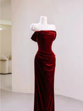 Charming Wine Red Mermaid Off Shoulder Velvet Formal Dress, Wine Red Long Prom Dress