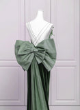 Green Velvet Straps Low Back Evening Dress, Green Velvet Prom Dress