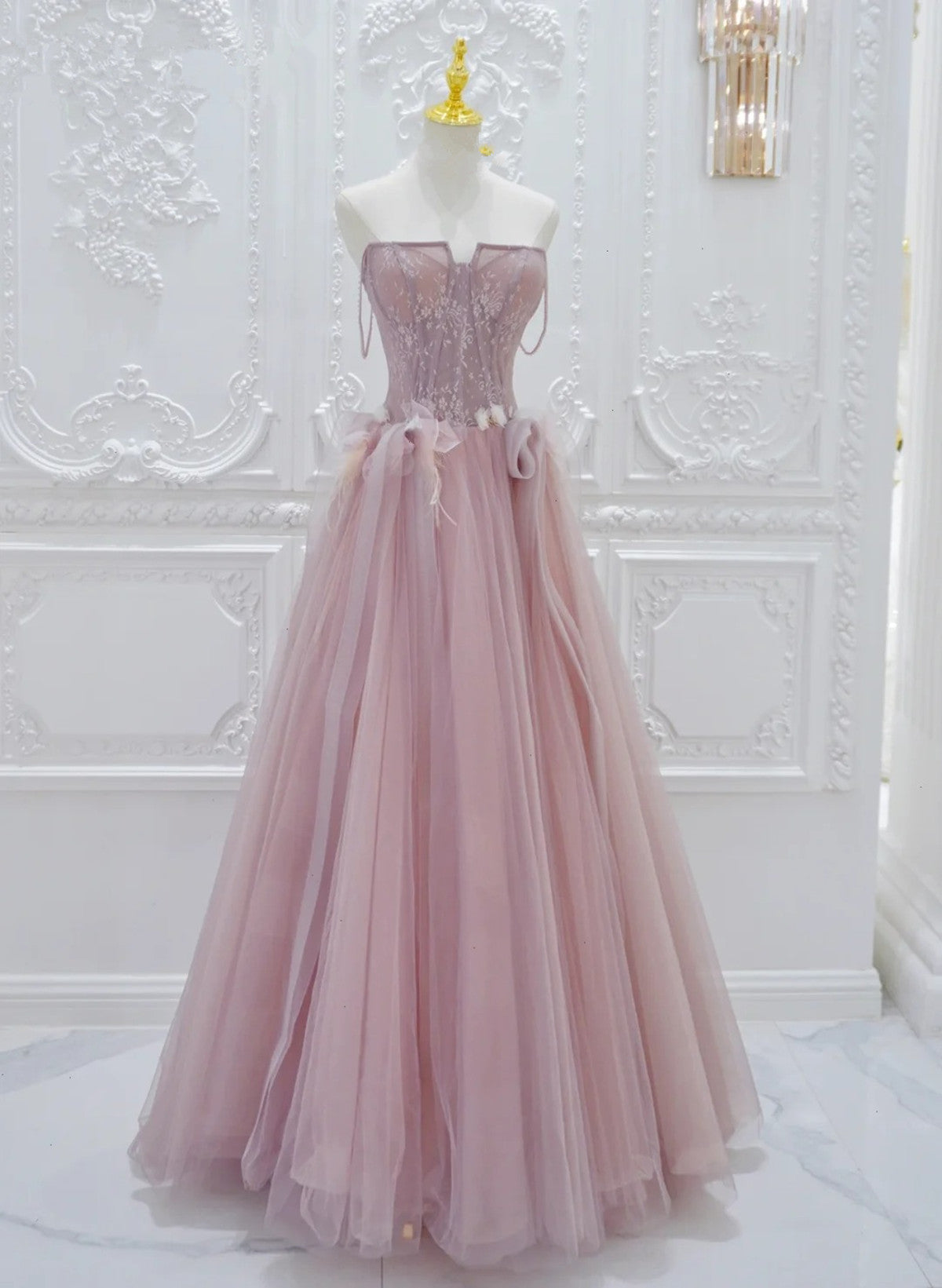 Pink Lace and Tulle A-line Prom Dress with Flowers, Pink Tulle Party Dress