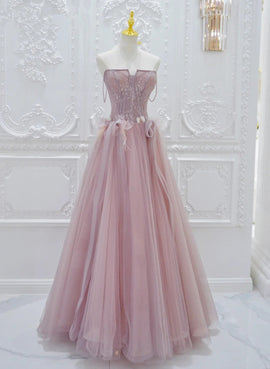 Pink Tulle with Lace Strapless A-line Prom Dress, Pink Tulle Party Dress