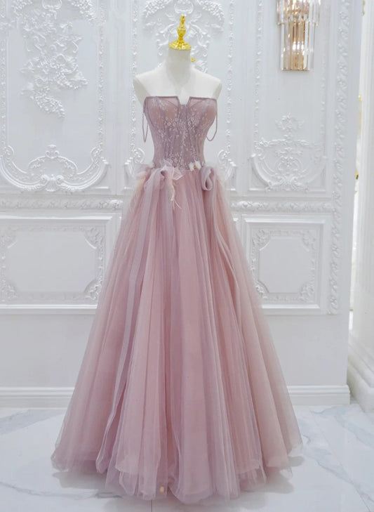 Pink Tulle with Lace Strapless A-line Prom Dress, Pink Tulle Party Dress