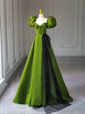 Green A-line Satin Sweetheart Short Sleeves Party Dress, Green Long Prom Dress