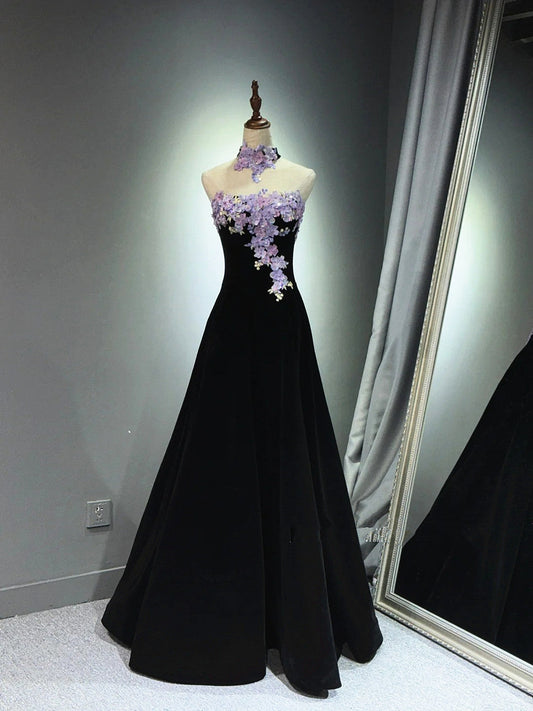 A-line Black Velvet Long Party Dress with Lace Applique, Black Velvet Prom Dress