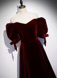 Wine Red Velvet A-line Simple Party Dress, Wine Red Velvet Long Prom Dress