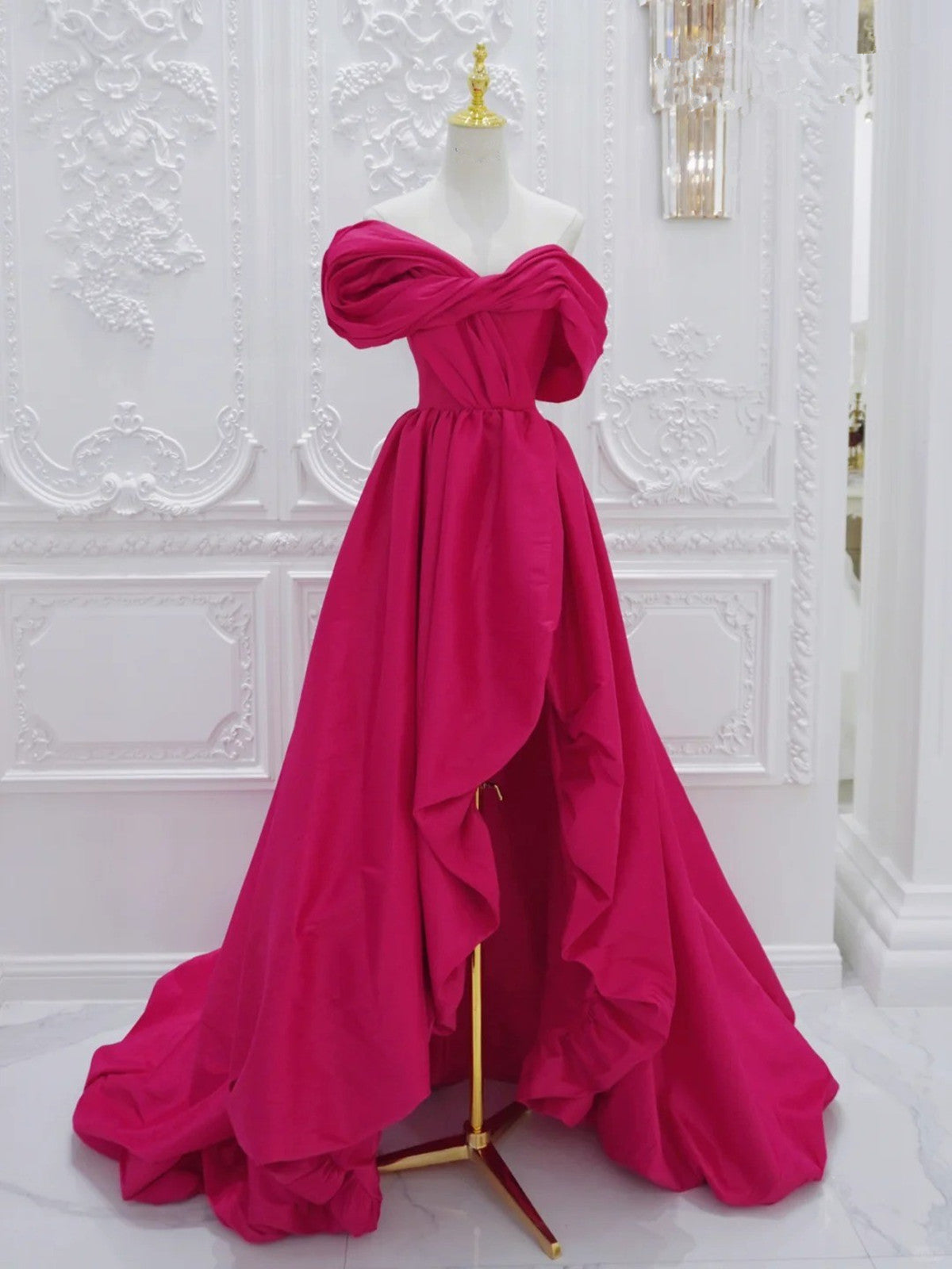 Fuchsia High Low Off Shoulder Party Dress, High Low Prom Dress Formal Dress