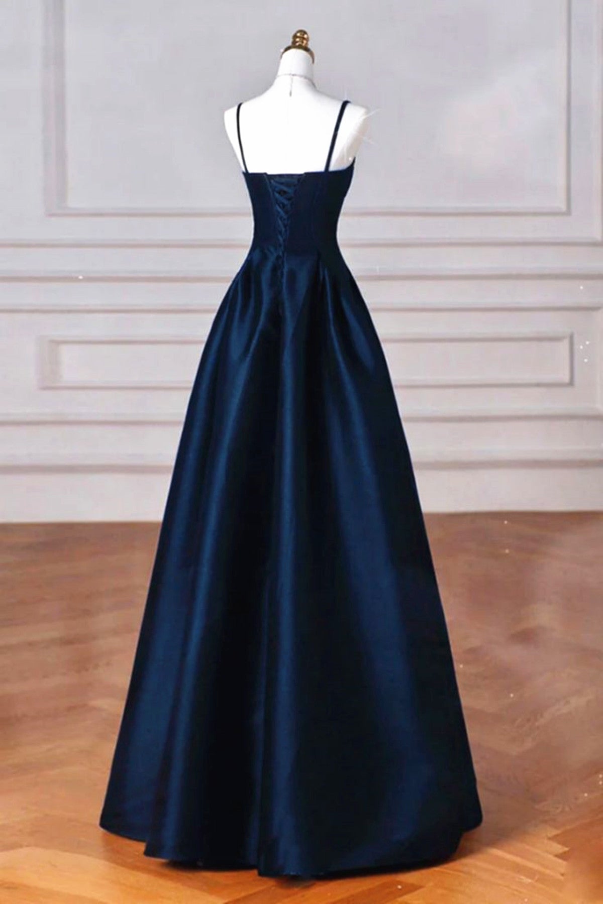 A-line Navy Blue Satin Straps Long Formal Dress, Navy Blue Prom Dress