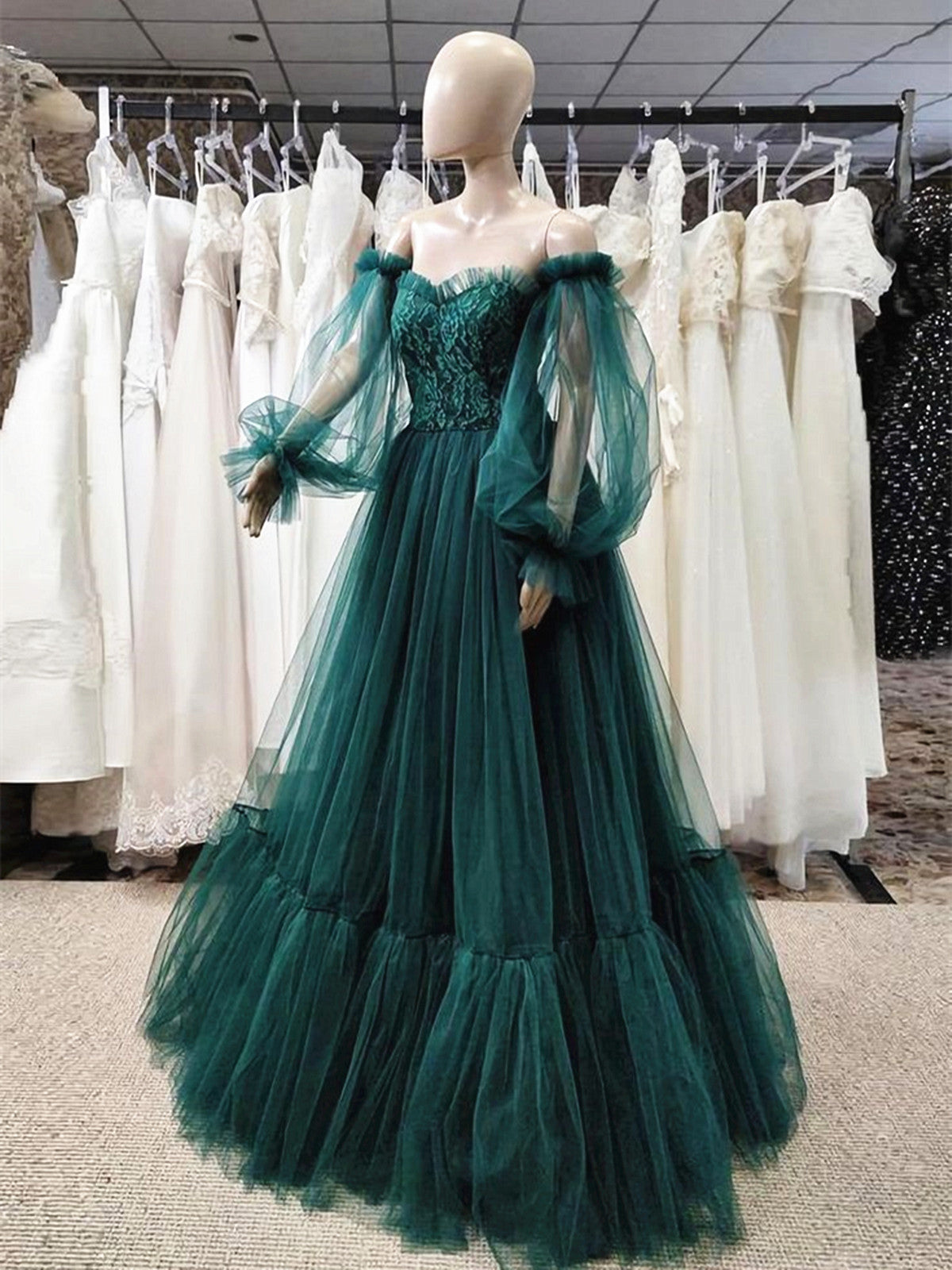 Green Puffy Sleeves Lace Top Long Party Dress, Green Tulle Prom Dress