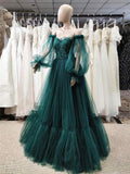 Green Puffy Sleeves Lace Top Long Party Dress, Green Tulle Prom Dress