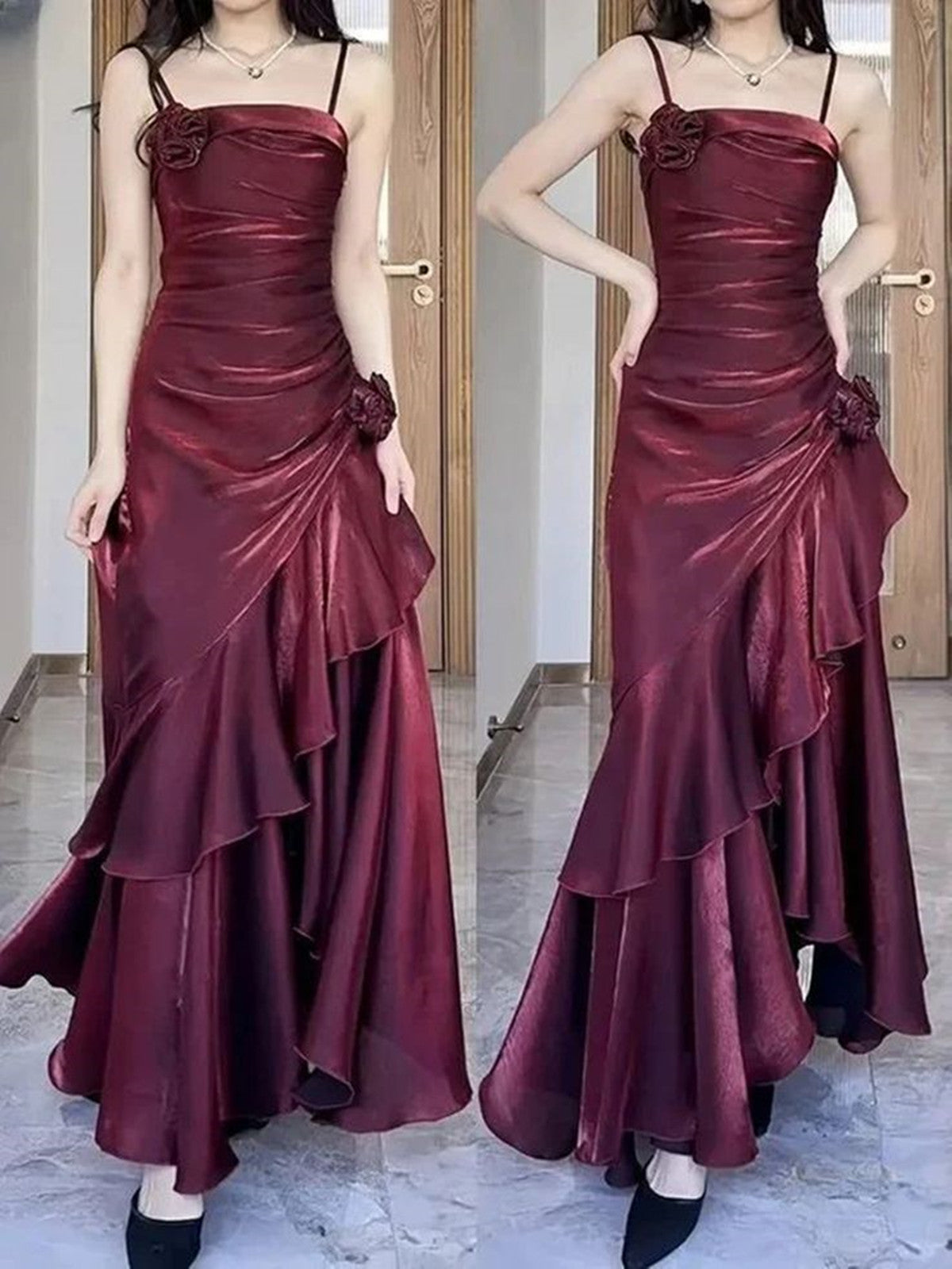 Vintage Square Neckline Wine Red Party Dress, Wine Red Spaghetti Straps Prom Dress