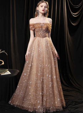 Off Shoulder Tulle Champagne Beaded Prom Dress, Tulle Long Evening Dress Party Dress