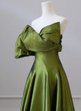 Green One-Shoulder Short Sleeves Backless Sweep Train Prom Dress, Green Party Dress