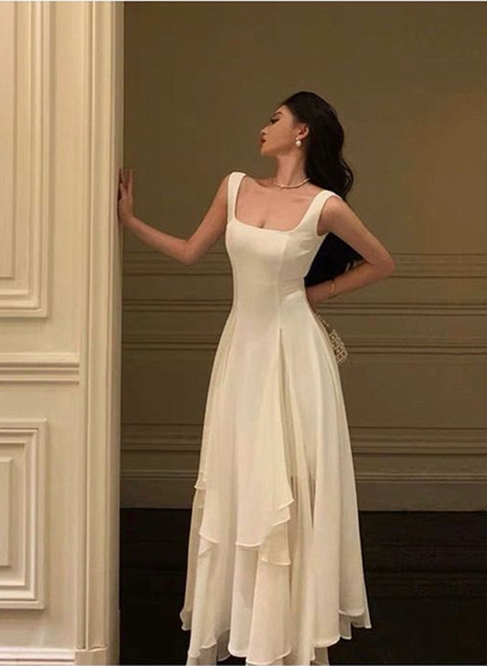 Lovely Ivory Chiffon Straps Long Party Dress Prom Dress, Ivory Wedding Party Dress