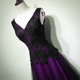 Black And Purple Tulle V-Neckline Beaded Prom Dress, Long Tulle Formal Dress Evening Dress