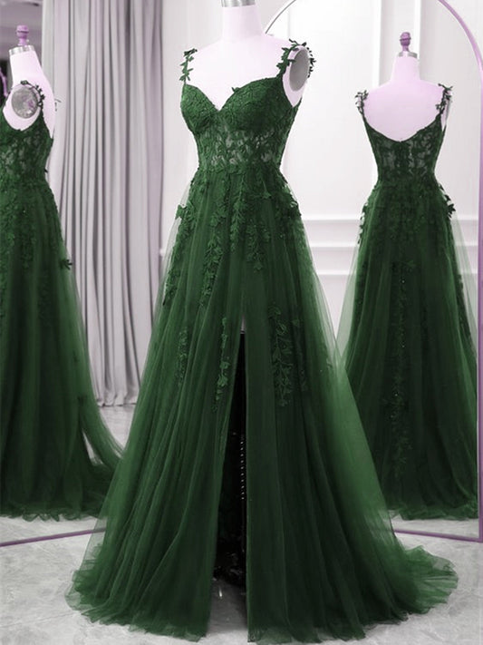 Green A-line Tulle with Lace Straps Floor Length Party Dress, Green Tulle Prom Dress