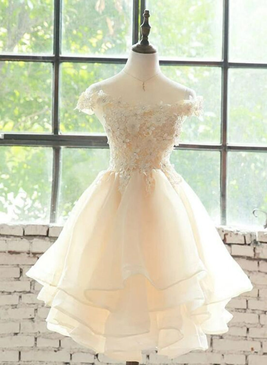 Light Champagne Organza with Lace Short Party Dress, Cute Champagne Homecoming Dress