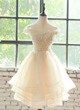 Light Champagne Organza with Lace Short Party Dress, Cute Champagne Homecoming Dress