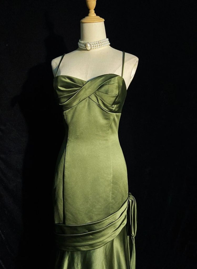 Green Satin Sweetheart Straps Long Evening Dress, Green Wedding Party Dress