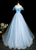 Beautiful Light Blue Tulle Off Shoulder Sweet 16 Dress, Light Blue Formal Dress