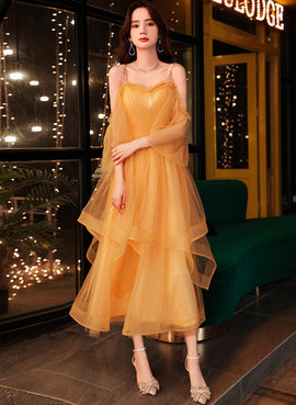 Lovely Yellow Tulle Beaded Straps Sweetheart Party Dress, Tulle Short Homecoming Dress