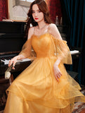 Lovely Yellow Tulle Beaded Straps Sweetheart Party Dress, Tulle Short Homecoming Dress