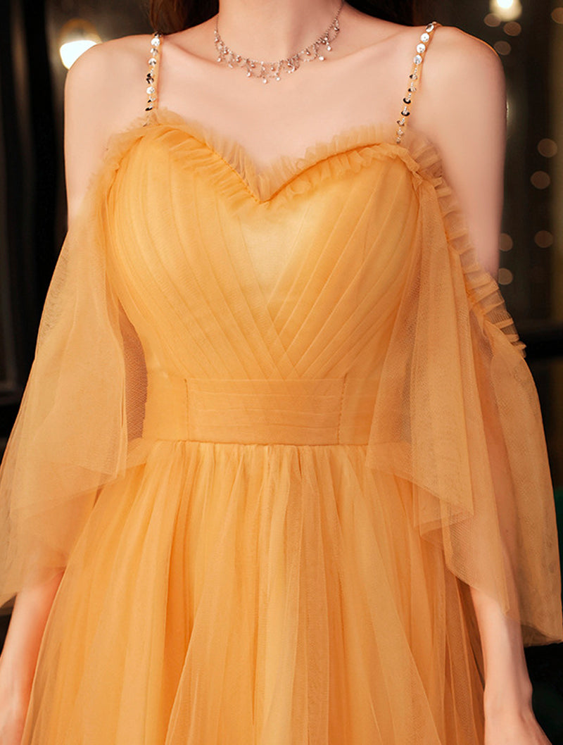 Lovely Yellow Tulle Beaded Straps Sweetheart Party Dress, Tulle Short Homecoming Dress