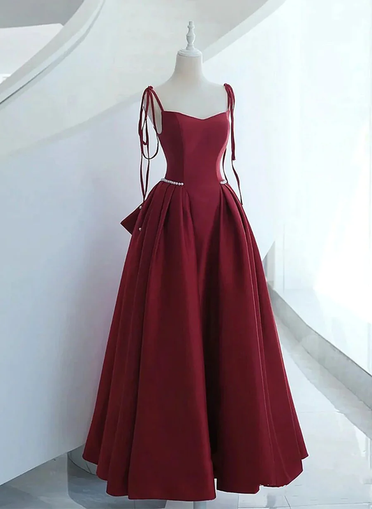 Wine Red Satin Straps Long Evening Dress, Wine Red Long Prom Dress