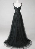 A-line Lace Straps Beaded Black Prom Dress Party Dress, Black Floor Length Formal Dress