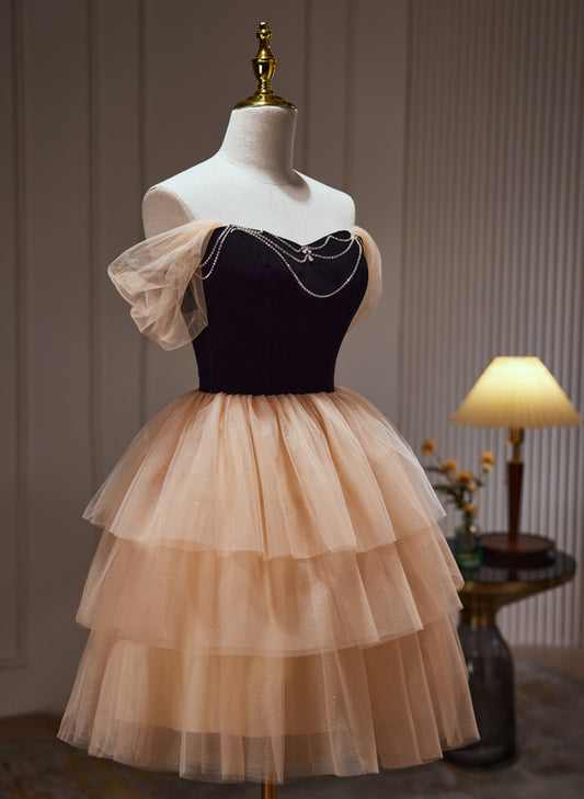 Champagne Tulle Sweetheart Short Party Dress, Champagne Homecoming Dress