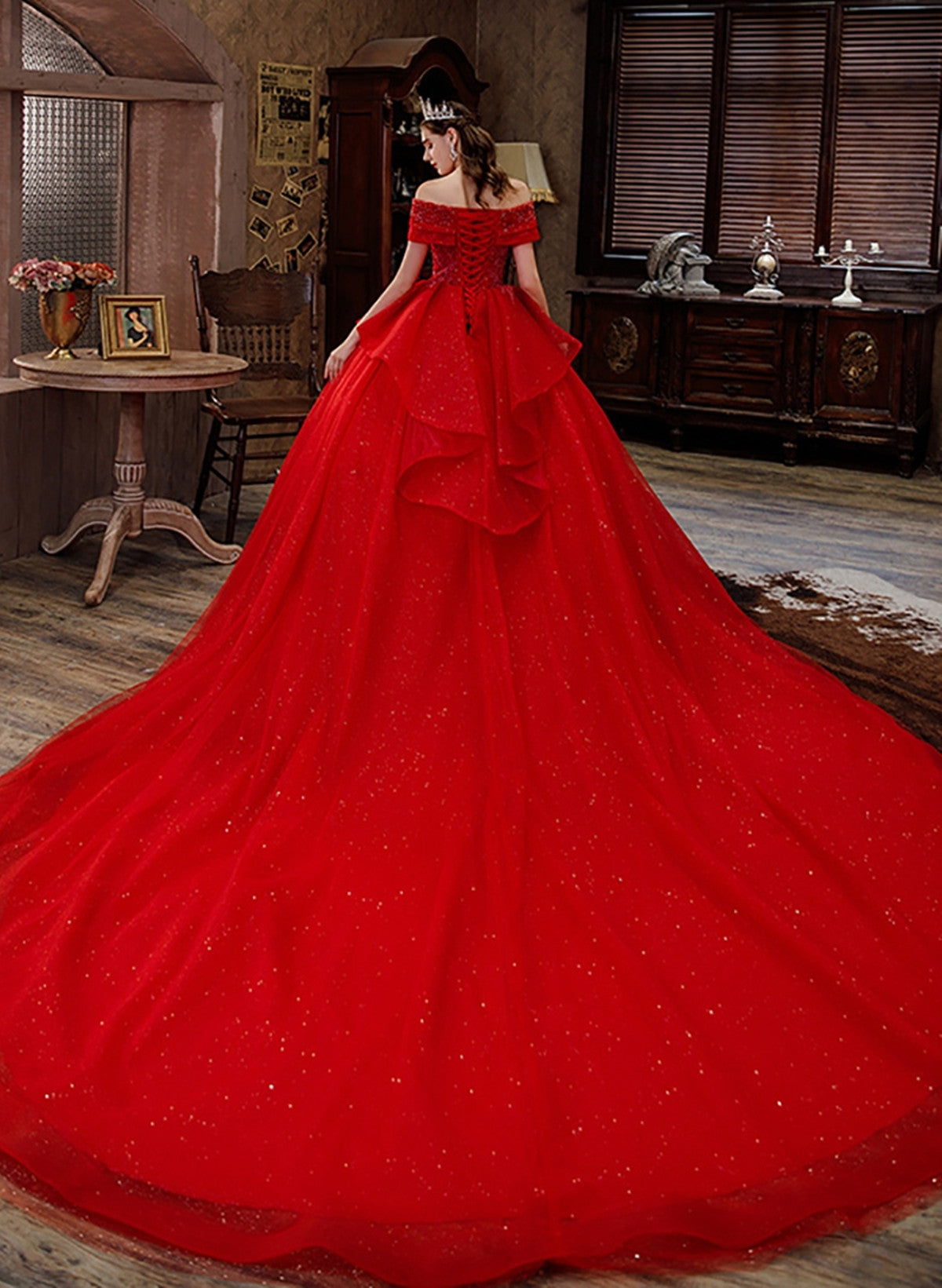 Glam Red Sweetheart Shiny Tulle Ball Gown Long Party Dress, Red Tulle Sweet 16 Dress