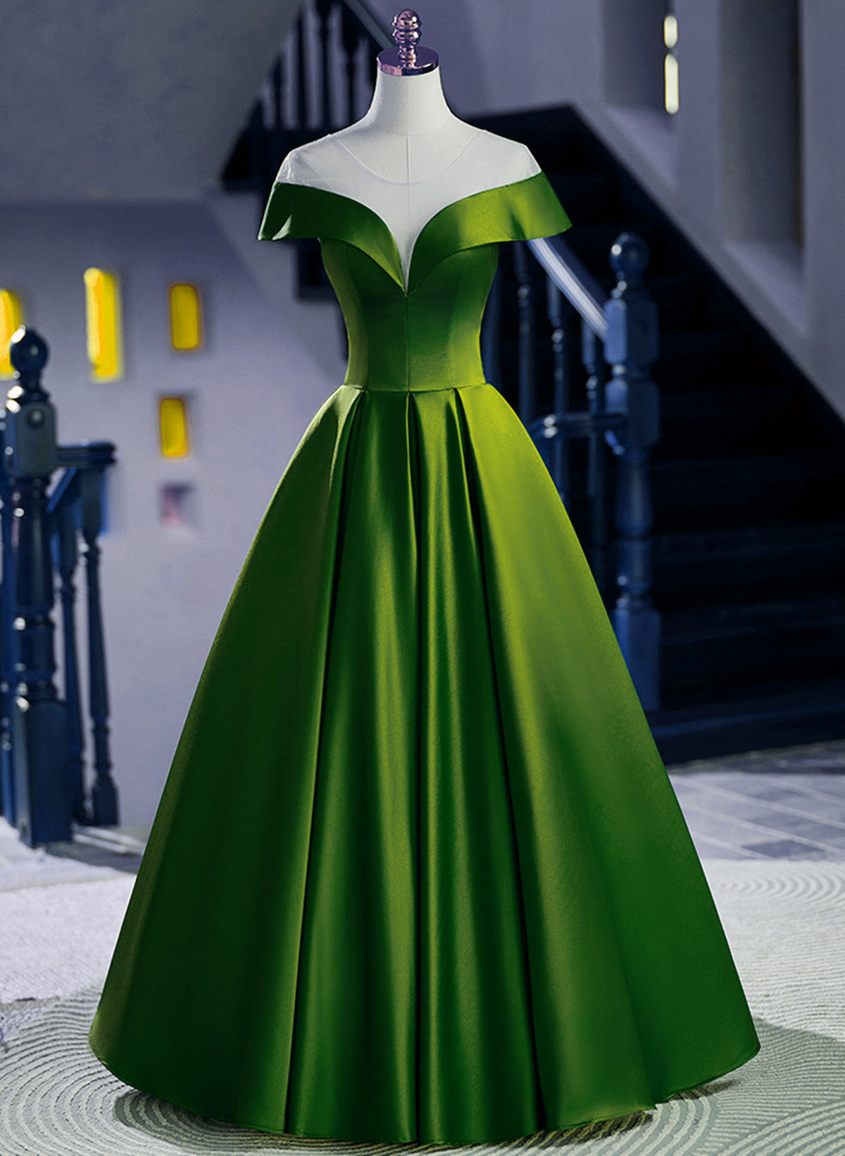 A-line Green Satin Floor Length Party Dress, Green Long Formal Dress