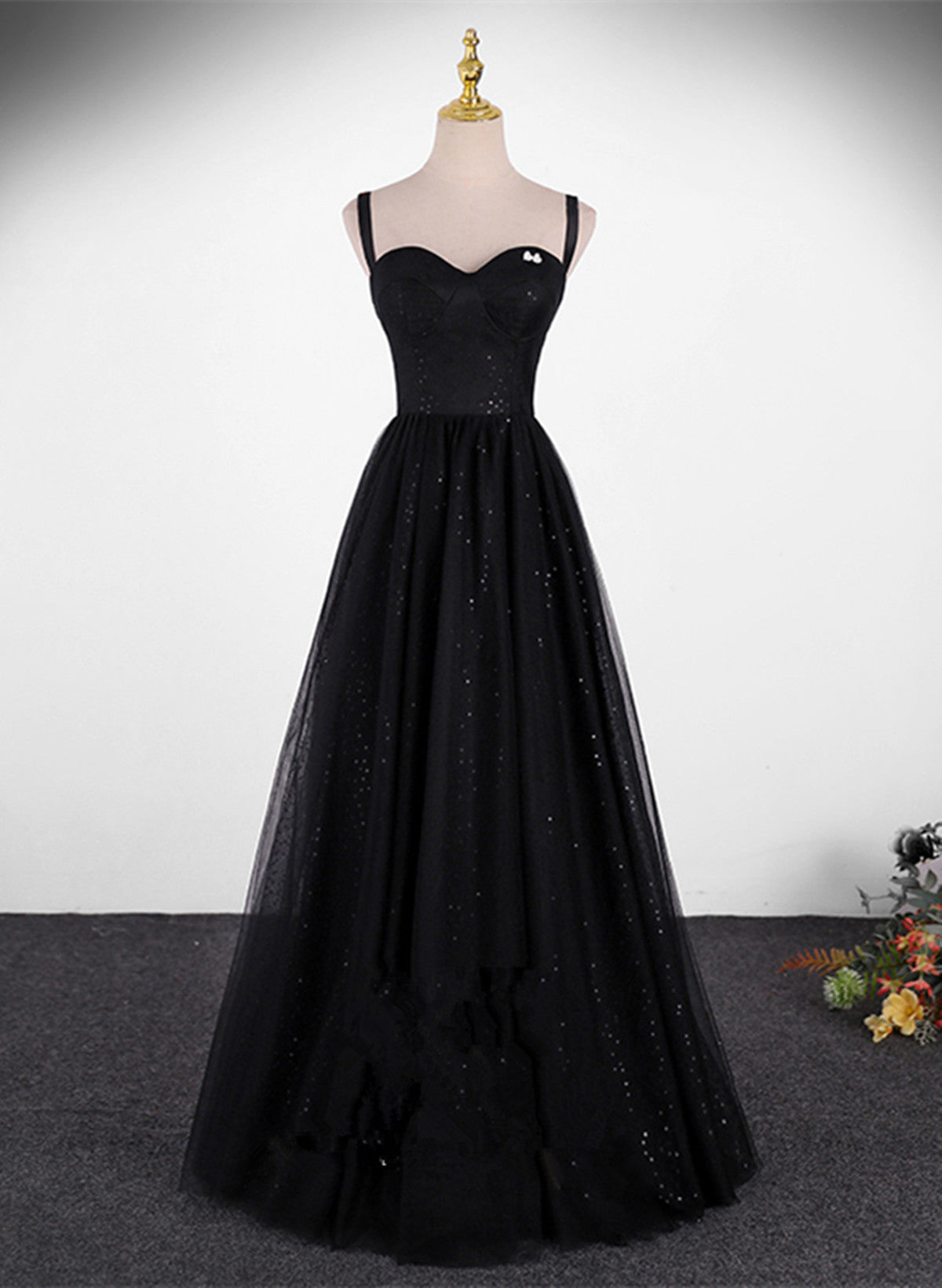 A-line Sweetheart Black Tulle Long Formal Dress, Black Simple Prom Dress