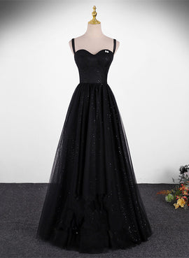 A-line Sweetheart Black Tulle Long Formal Dress, Black Simple Prom Dress