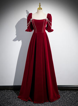 Wine Red A-line Velvet Long Bridesmaid Dress, Wine Red Long Prom Dress